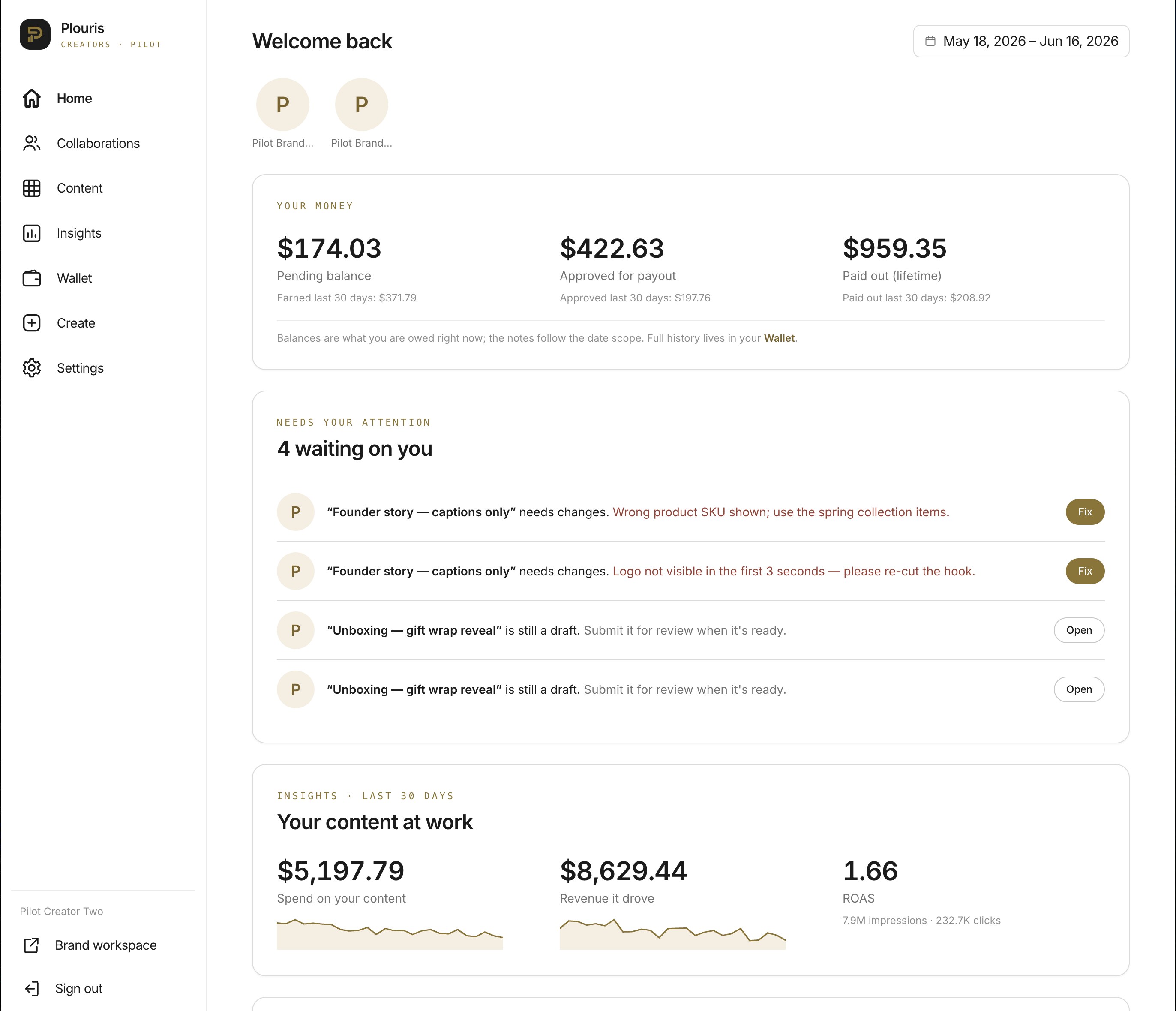 Plouris creator dashboard preview